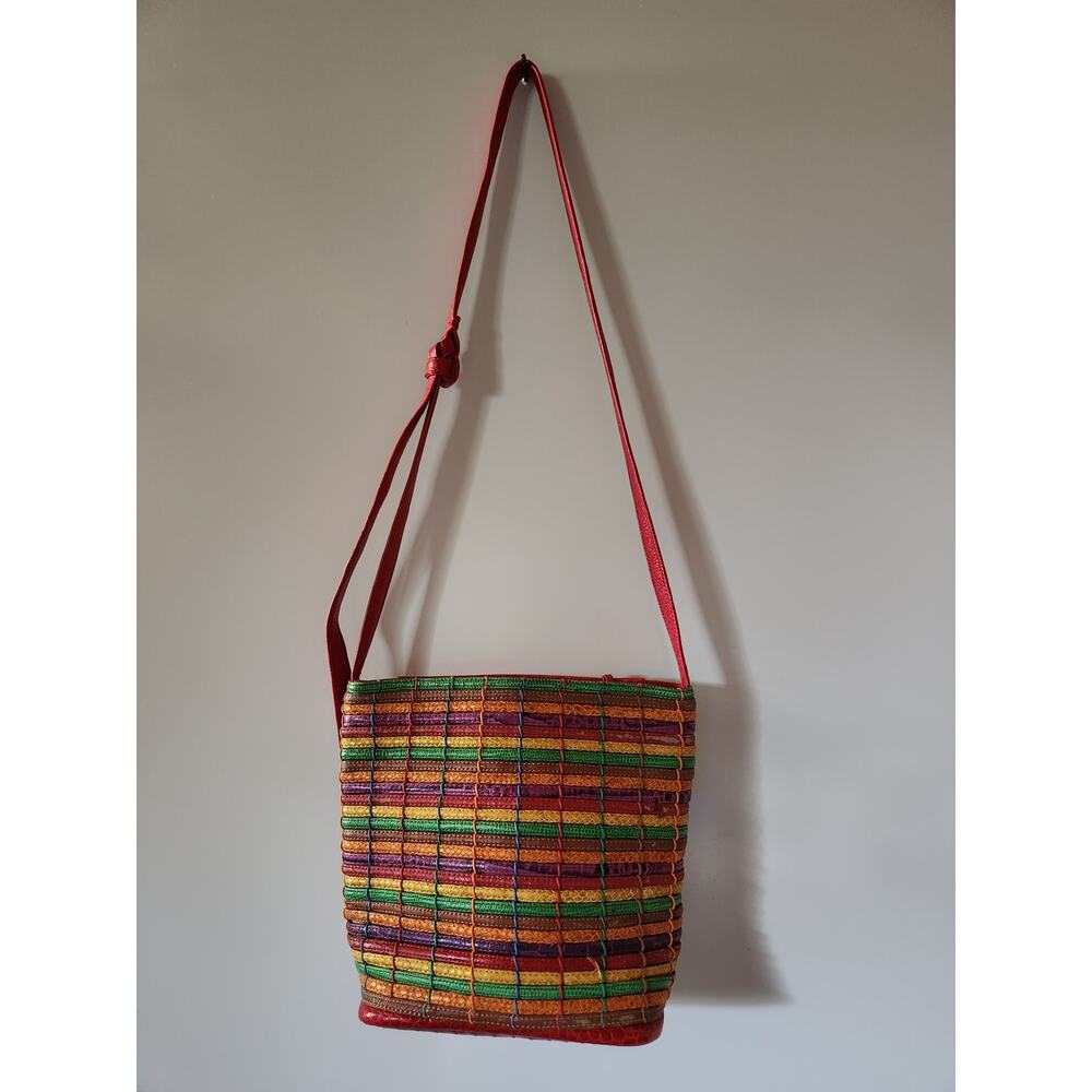 Vintage Sharif USA Purse Woven Leather Shoulder Bag Green Red Yellow 1980s